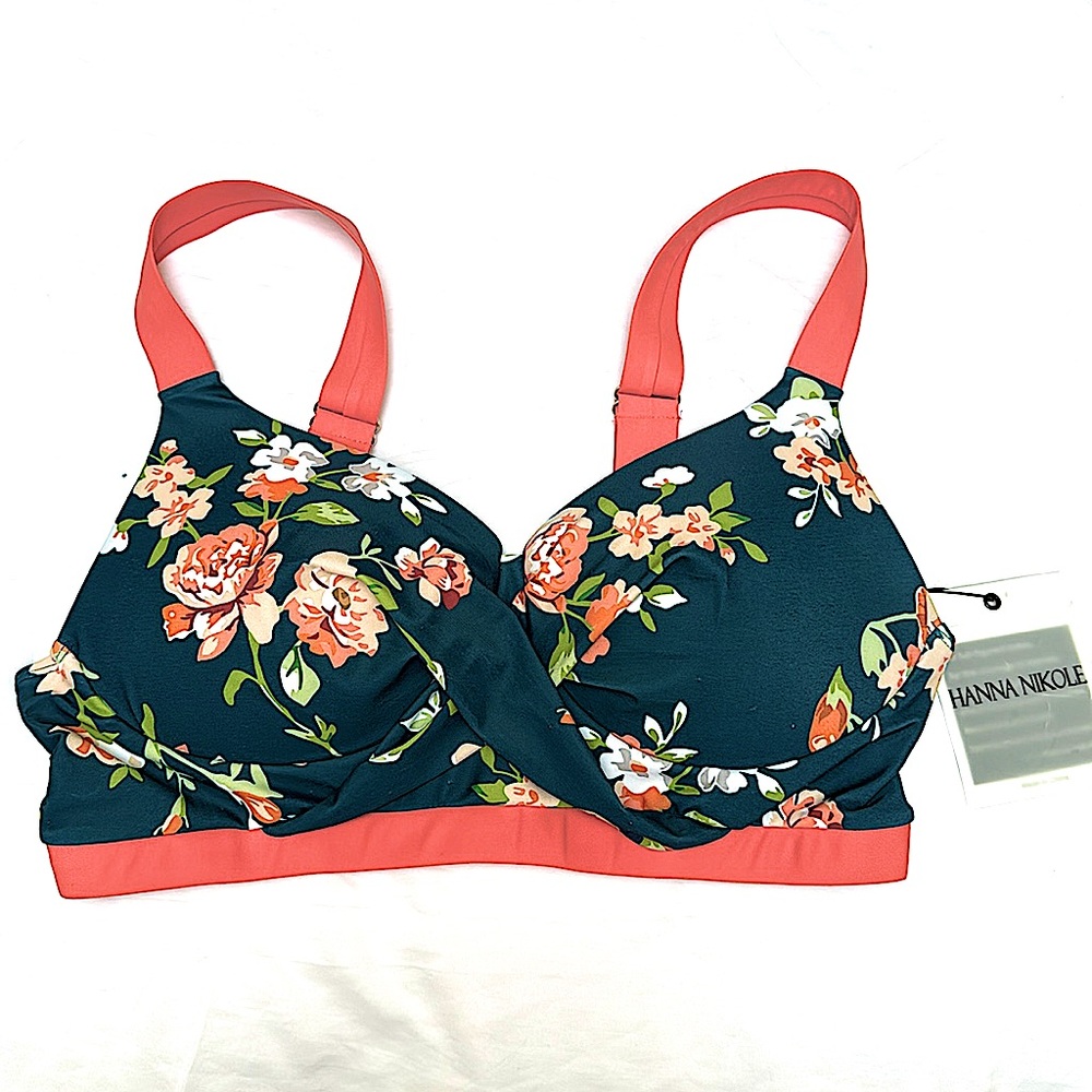 HANNA NIKOLE  Womens Plus Size Twist Front Swimwear floral bikini top size 16W